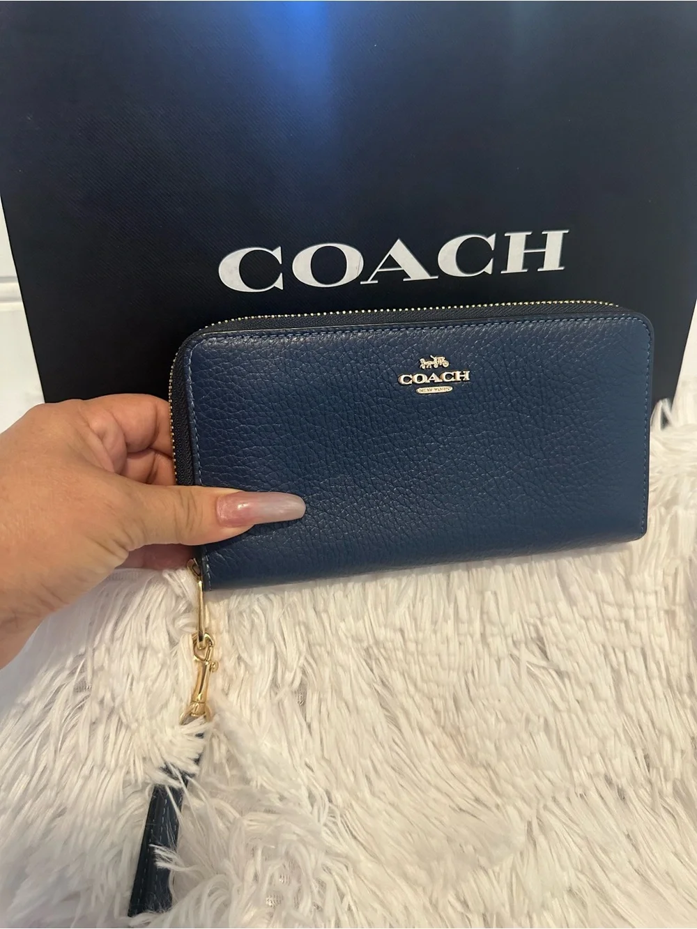 Coach Navy Pebbled Leather Zip Wallet with Gold Hardware and Tassel
